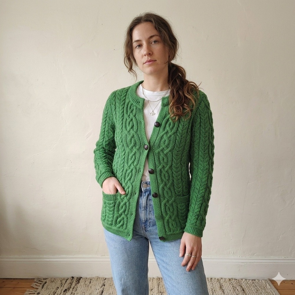 Saol Cardigan Womens Medium Green Cable Knit Merino‎ Wool Aran Sweater Heritage